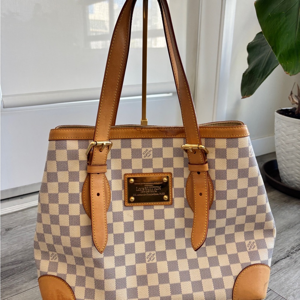 Louis Vuitton Hampstead PM in Damier Azur Canvas.